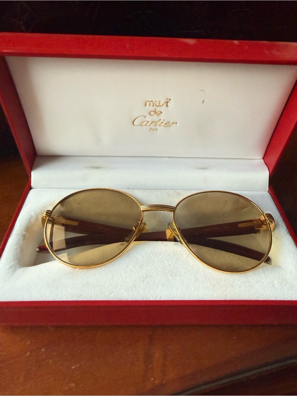 RARE Authentic Vintage Cartier Bagatelle Wood Sunglasses 135b w/ Red Box